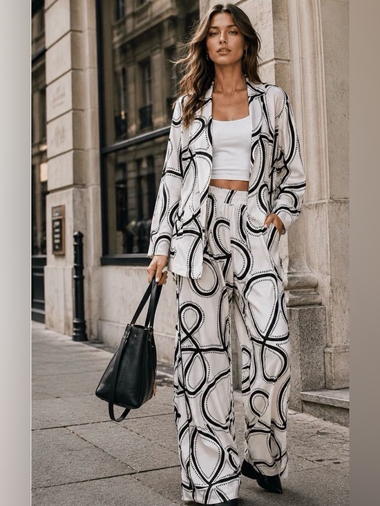 Pants - 0289. 💙Woven Abstract-Print Wide Leg Pantsuit in White & Black Set